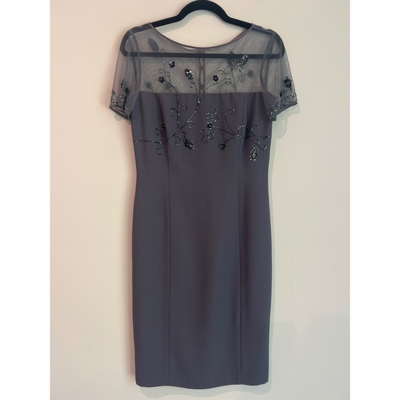 Maggy London Dresses & Skirts - Maggy London Beaded Mesh Yoke Sheath Cocktail Dress Grey Floral Sequin Size 4